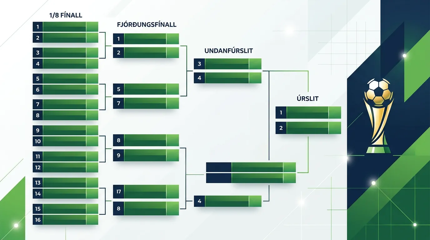 Yfirlitsmynd af útsláttartöflu með sextán liðum á HM 2026, grafískur stíll