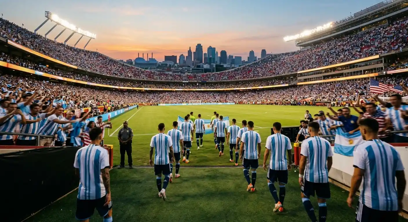 Argentínskir leikmenn í hvítbláum búningum á opnum fótboltavelli á kvöldstund á HM 2026