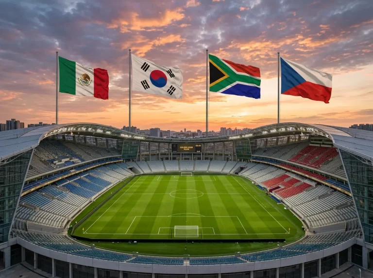 Riðill A á heimsmeistaramótinu 2026 með fánum Mexíkó, Suður-Kóreu, Suður-Afríku og Tékklands
