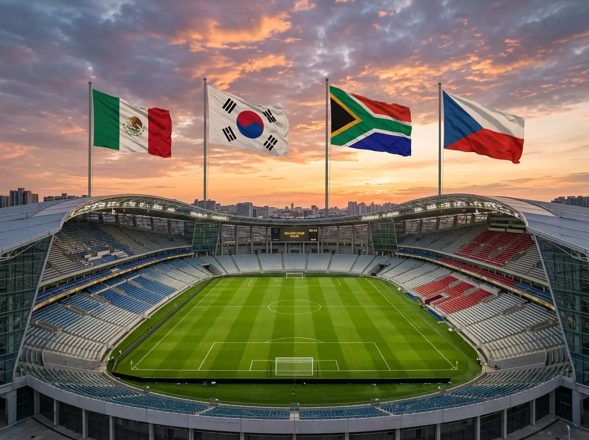 Riðill A á heimsmeistaramótinu 2026 með fánum Mexíkó, Suður-Kóreu, Suður-Afríku og Tékklands