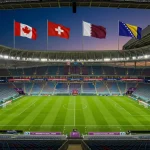 Riðill B heimsmeistaramótsins 2026 með fánum Kanada, Sviss, Katars og Bosníu