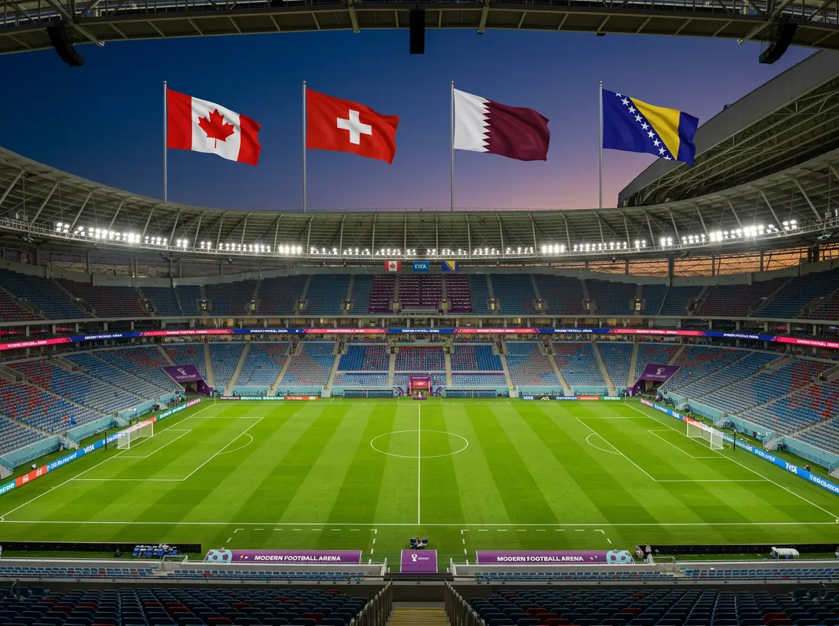 Riðill B heimsmeistaramótsins 2026 með fánum Kanada, Sviss, Katars og Bosníu