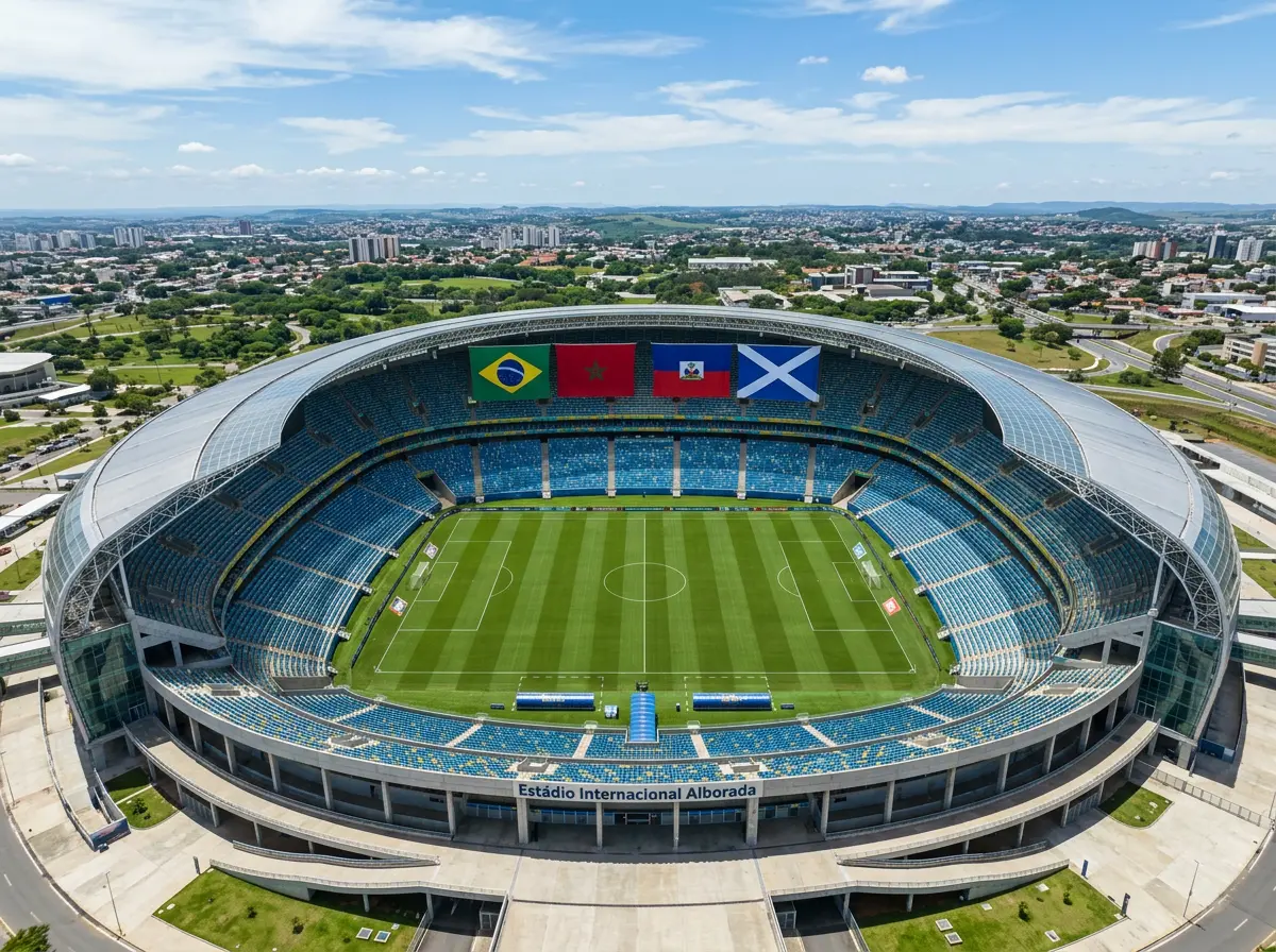 Riðill C heimsmeistaramótsins 2026 með fánum Brasilíu, Marokkó, Haítí og Skotlands