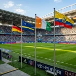 Riðill E heimsmeistaramótsins 2026 með fánum Þýskalands, Curaçao, Fílabeinsströndar og Ekvadors