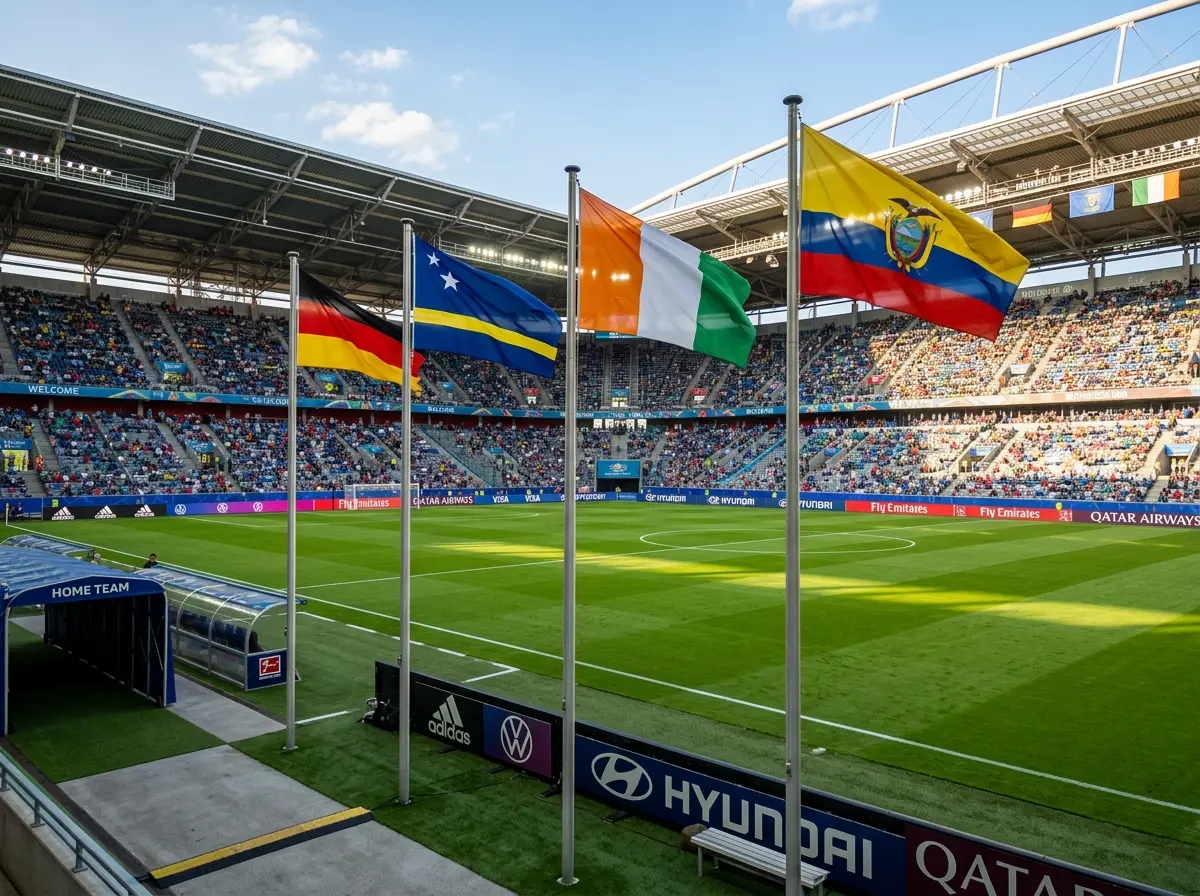 Riðill E heimsmeistaramótsins 2026 með fánum Þýskalands, Curaçao, Fílabeinsströndar og Ekvadors