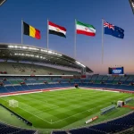 Riðill G heimsmeistaramótsins 2026 með fánum Belgíu, Egyptalands, Írans og Nýja-Sjálands