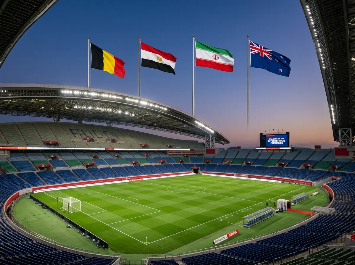 Riðill G heimsmeistaramótsins 2026 með fánum Belgíu, Egyptalands, Írans og Nýja-Sjálands