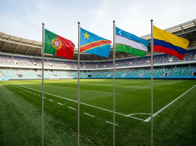 Riðill K heimsmeistaramótsins 2026 með fánum Portúgals, Kongó DR, Úsbekistans og Kólumbíu