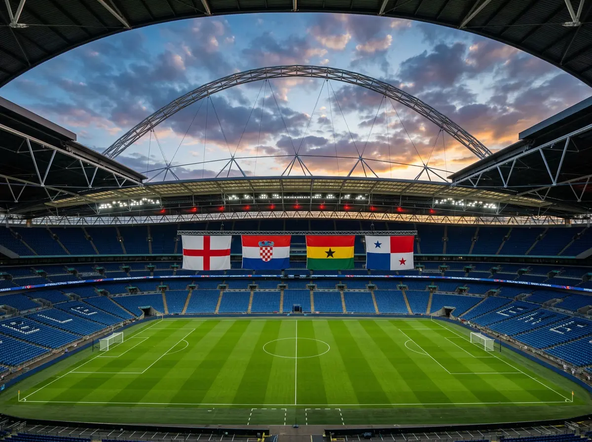 Riðill L heimsmeistaramótsins 2026 með fánum Englands, Króatíu, Gana og Panama