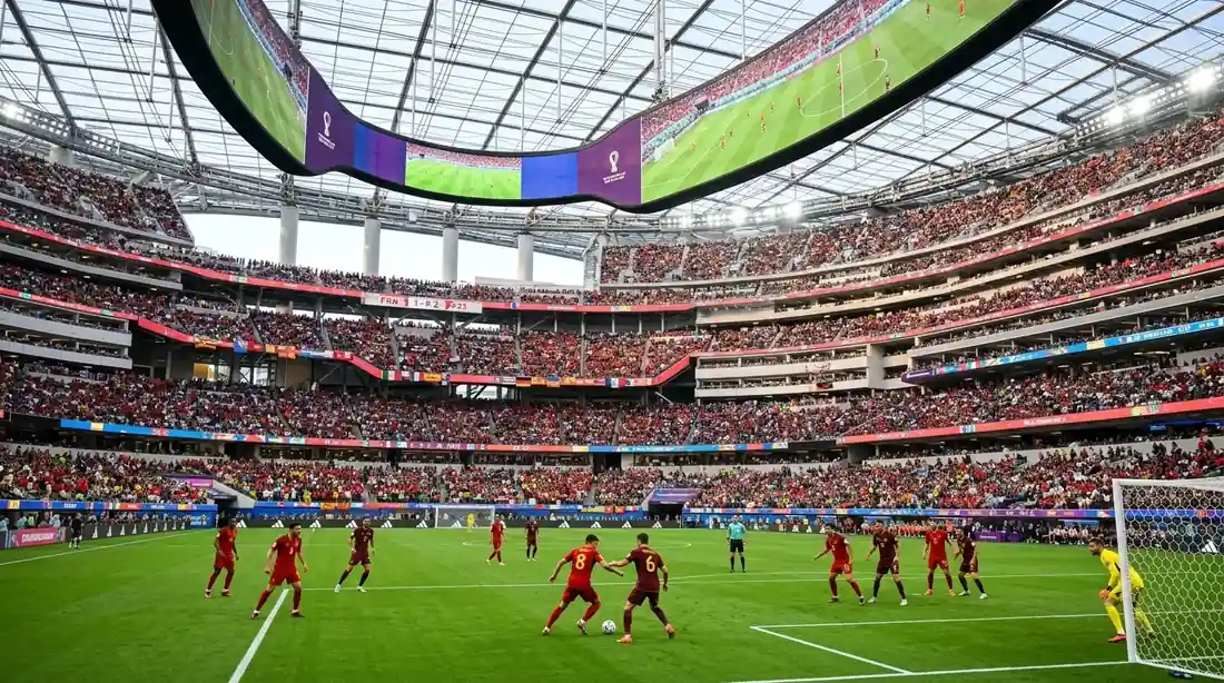 Fótboltavöllur með lokuðu þaki og flóðljósum, liðsmenn í ólíkum búningum á aðstöðu í stíl SoFi Stadium