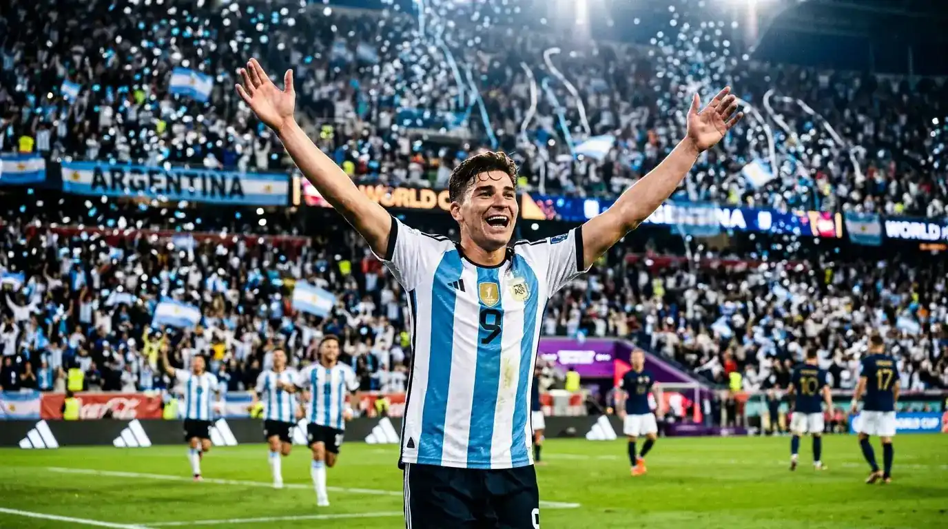 Lionel Messi fagnar marki sem gerði hann að markahæsta leikmanni í sögu heimsmeistaramóta